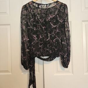 WHBM  Black & Purple Sheer Floral Long Sleeve Crew Cami Woman's Blouse  Size 4